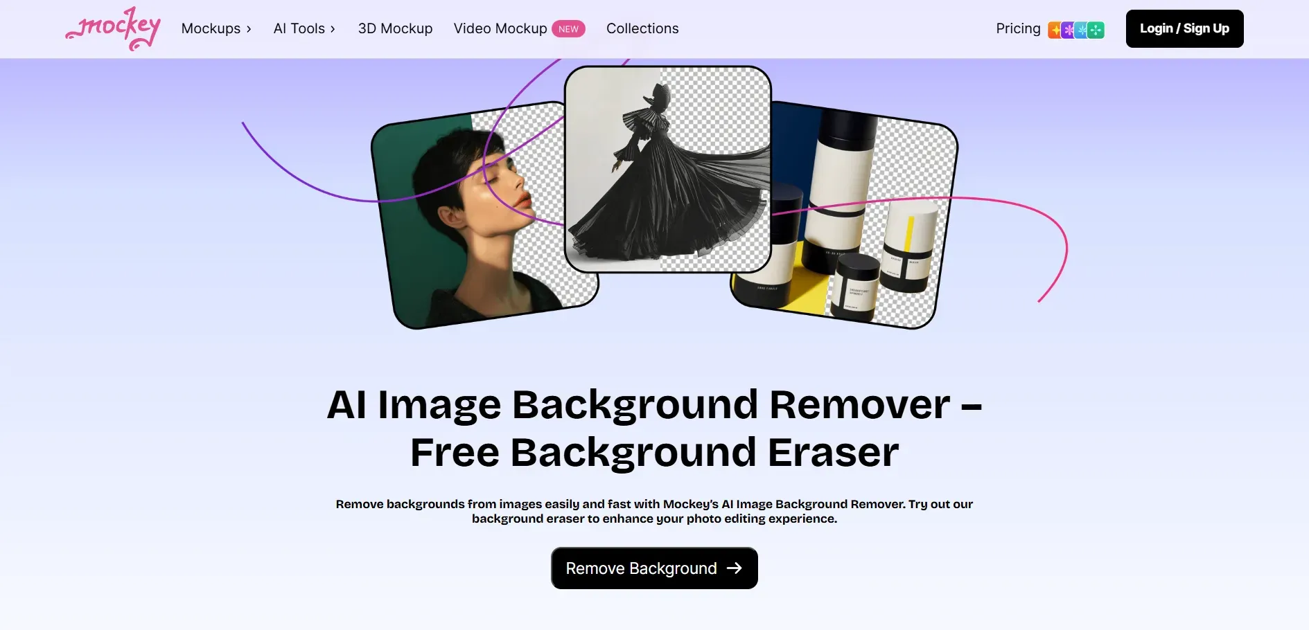 Mockey AI background remover page with sample images and a ‘Remove Background’ button.
